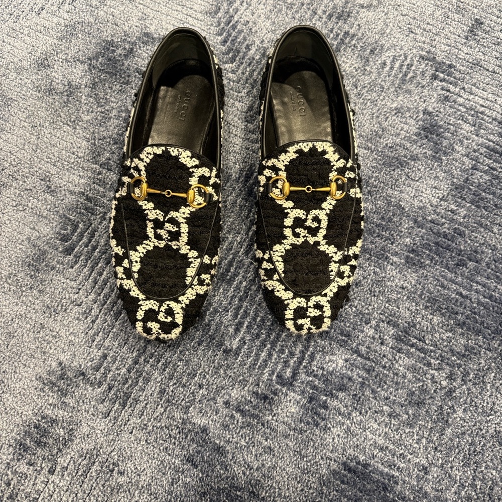 Gucci Black and White Patterned Loafers with Gold Detail